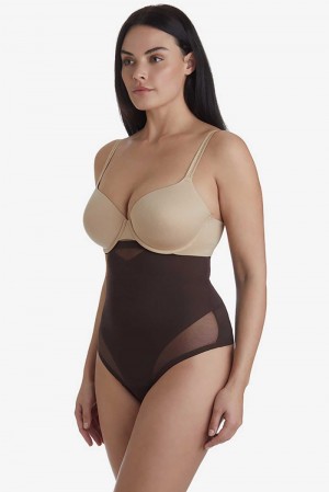 Women's Brown / Black Sexy Sheer Extra Firm Control High Waist Thong Shapewear - Miraclesuit USA | WW001820I9